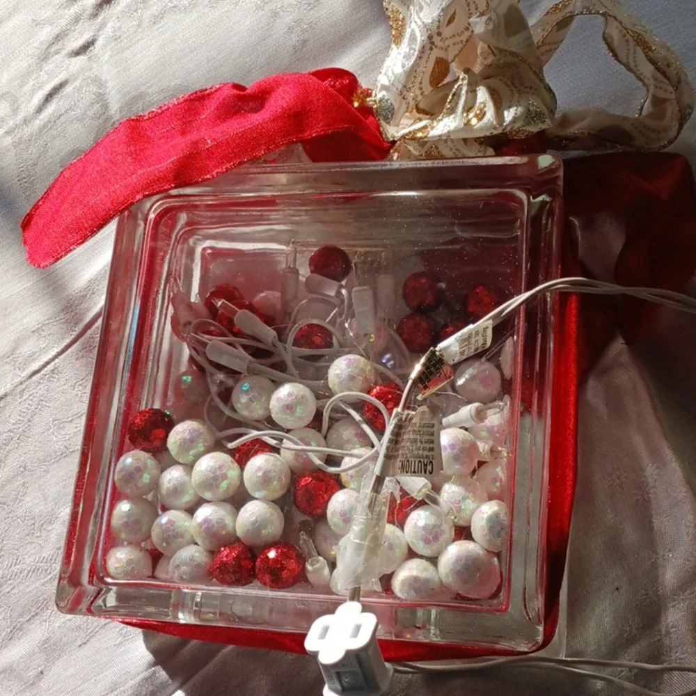 Festive Red and White Decorative Glass Square Block Display Piece